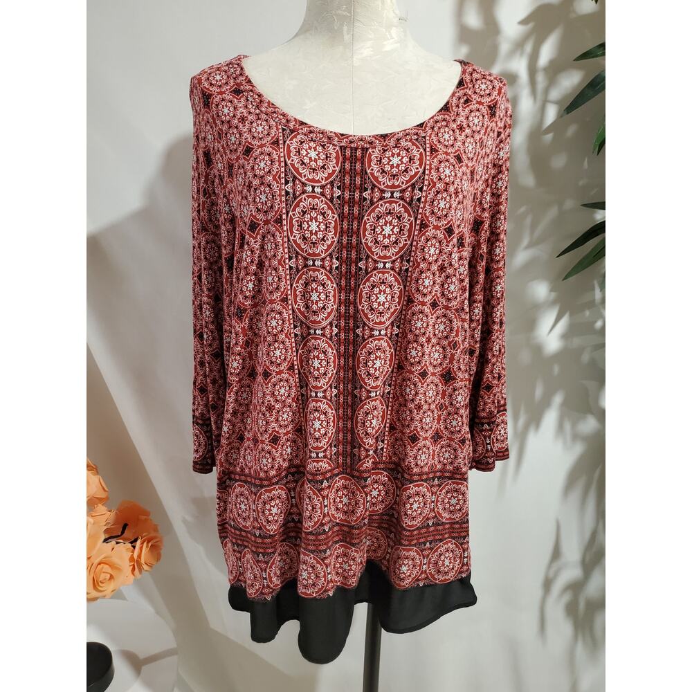 Rose + Olive Womens Geometric Boho 3/4 Sleeve Jersey Stretch Blouse Top Size 2X